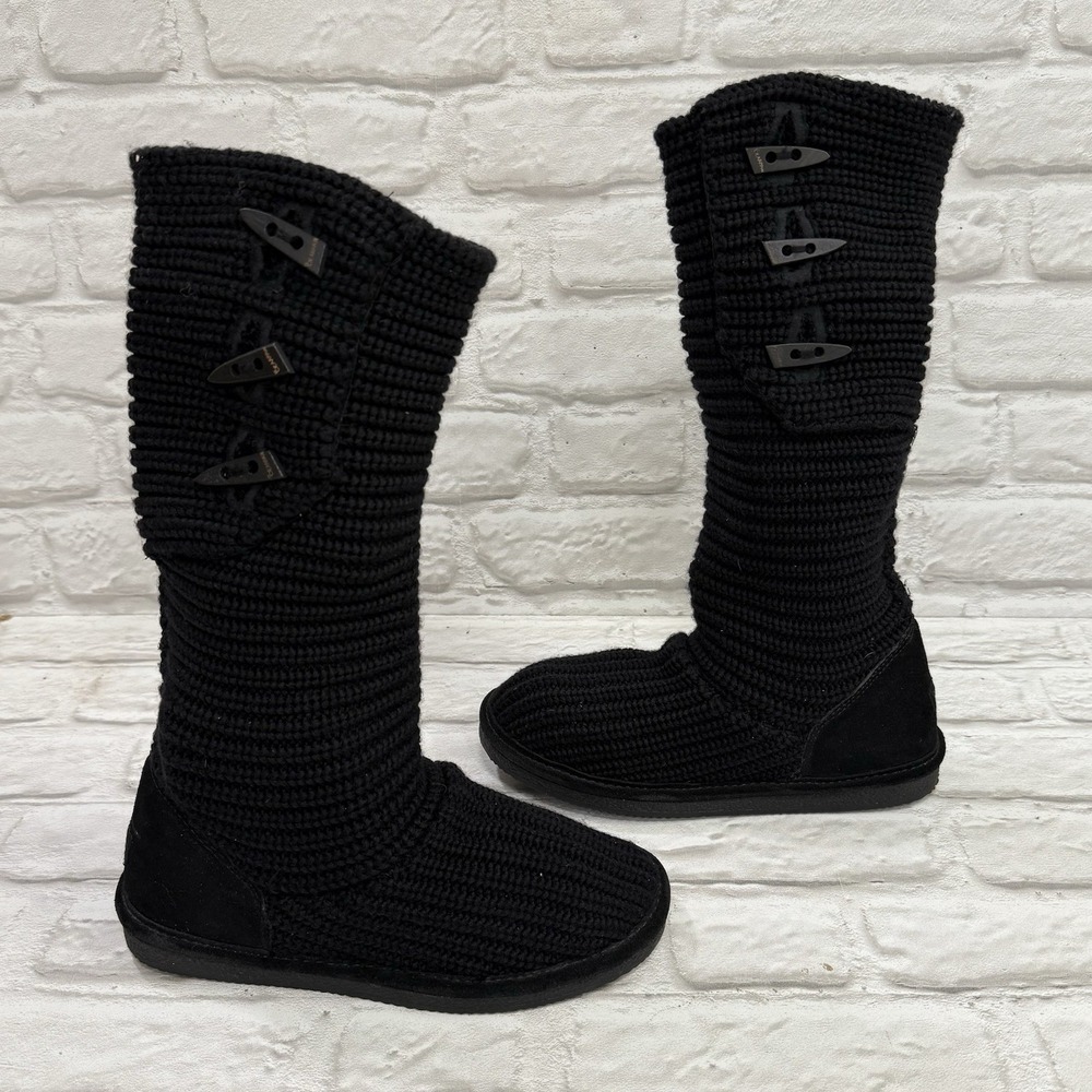 BEARPAW Black Classic Knitted Tall Three Button Boot Suede Heel Women's size 8 - Picture 14 of 14